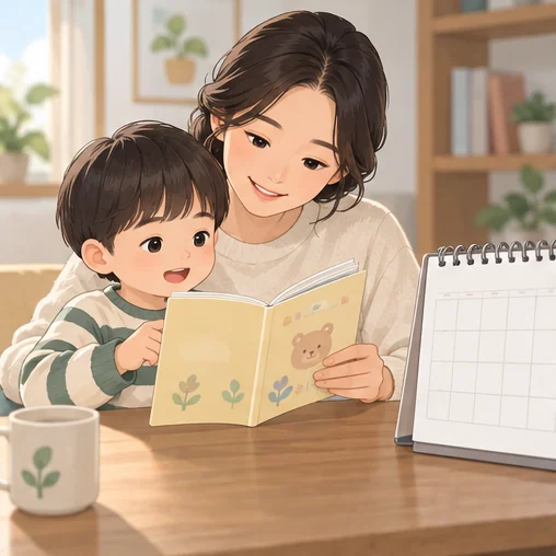 아이의 예방접종수첩과 달력을 함께 확인하는 보호자 (AI 설명용 삽화)