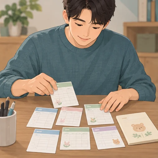 여러 접종 기록 카드를 정리하는 모습 (AI 설명용 삽화)