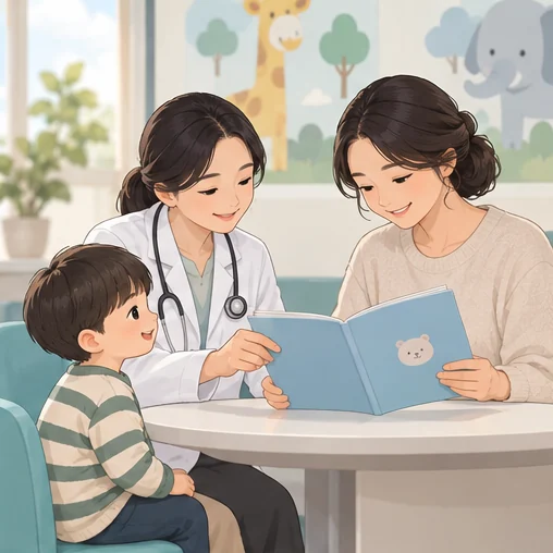 의료진과 아이의 기록을 살펴보는 상담 장면 (AI 설명용 삽화)