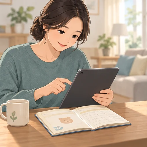 수첩과 전자 화면을 함께 확인하는 모습 (AI 설명용 삽화)