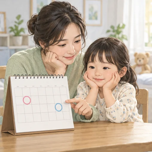 달력에서 서로 떨어진 두 방문일을 살펴보는 모습 (AI 설명용 삽화)