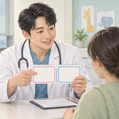 의료진에게 다음 접종 일정 설명을 듣는 보호자 (AI 설명용 삽화)