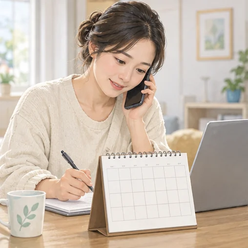 예약 변경을 전화로 문의하는 보호자 (AI 설명용 삽화)