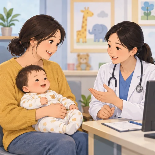 영아의 접종 시기를 의료진과 상담하는 보호자 (AI 설명용 삽화)
