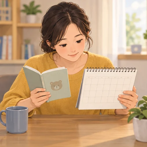 이전 수첩과 현재 달력을 비교하는 모습 (AI 설명용 삽화)