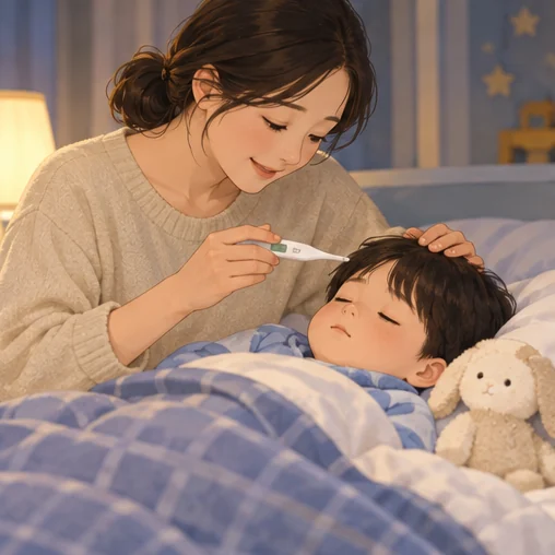 예약일 전 아이의 몸 상태를 살피는 모습 (AI 설명용 삽화)