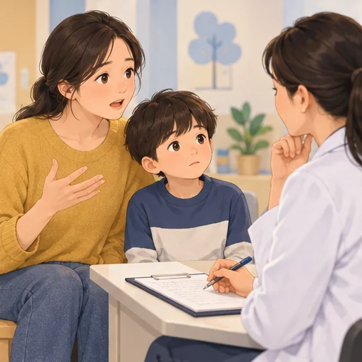 아이의 최근 증상을 의료진에게 설명하는 모습 (AI 설명용 삽화)