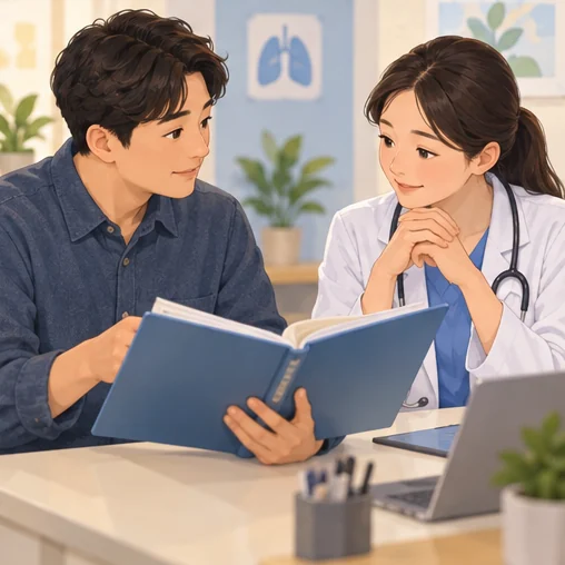 건강 기록을 보여 주며 상담하는 보호자 (AI 설명용 삽화)
