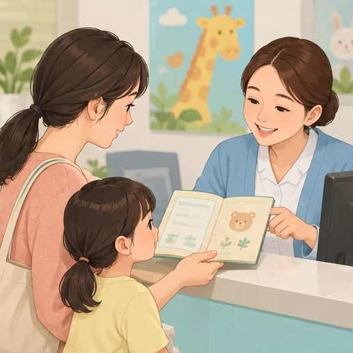 접수 단계에서 아이의 수첩을 확인하는 모습 (AI 설명용 삽화)