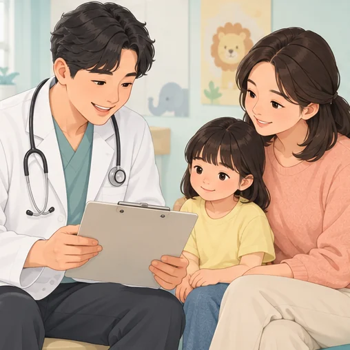 의료진과 예진 내용을 확인하는 가족 (AI 설명용 삽화)