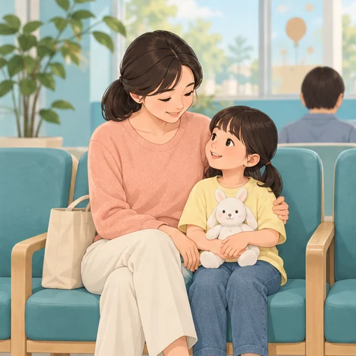 의료기관 대기 공간에 머무는 보호자와 아이 (AI 설명용 삽화)