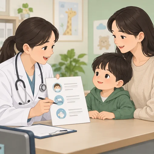 방문 뒤 주의사항 설명을 듣는 가족 (AI 설명용 삽화)