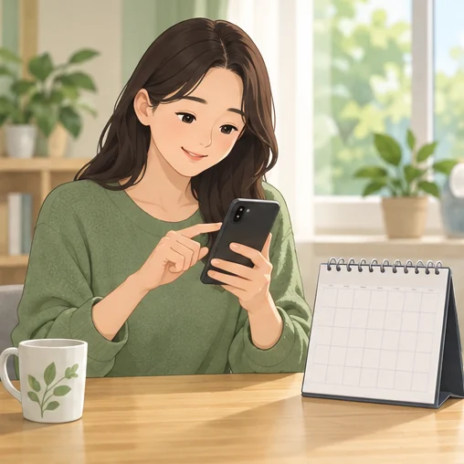 다음 일정의 알림을 준비하는 보호자 (AI 설명용 삽화)