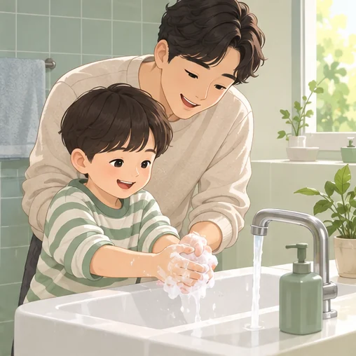 손 씻기를 함께 실천하는 보호자와 아이 (AI 설명용 삽화)