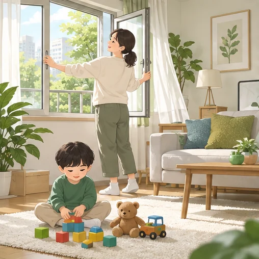 실내 환기를 하며 아이의 생활 공간을 살피는 모습 (AI 설명용 삽화)