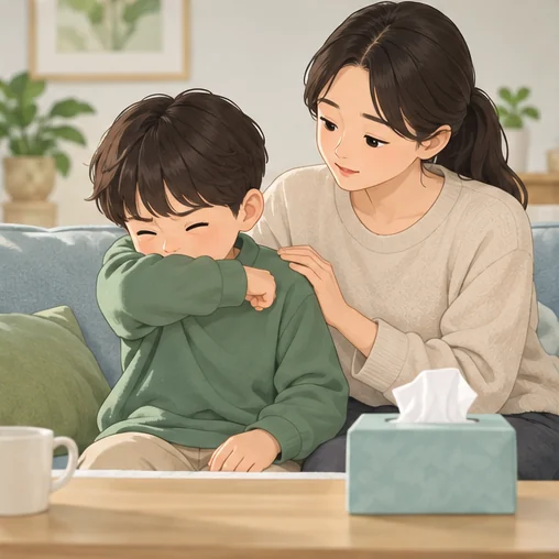 기침 예절을 실천하는 아이와 보호자 (AI 설명용 삽화)