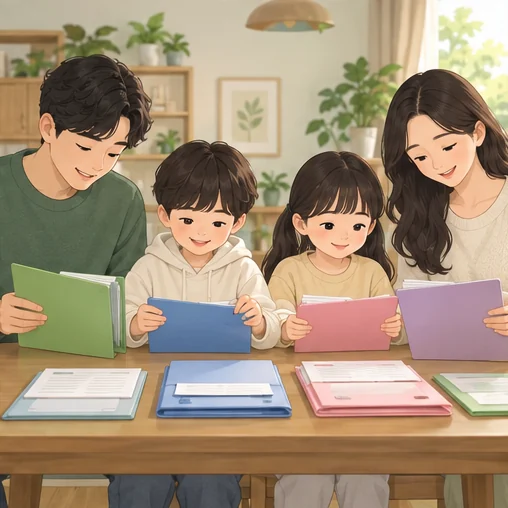 가족별 건강 기록을 구분하여 정리하는 모습 (AI 설명용 삽화)