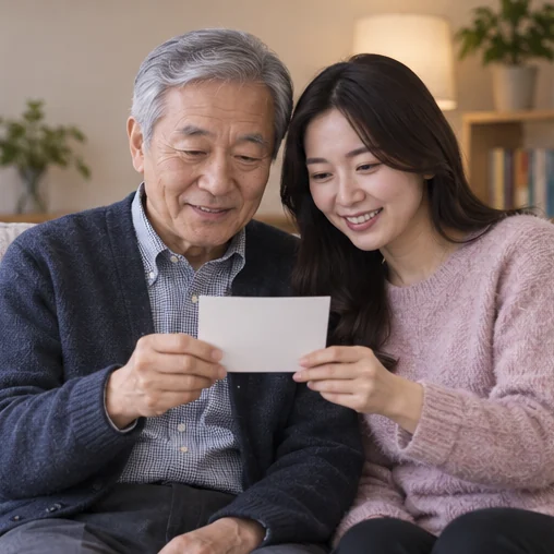 진료 안내 카드를 함께 확인하는 어르신과 가족 (AI 설명용 삽화)
