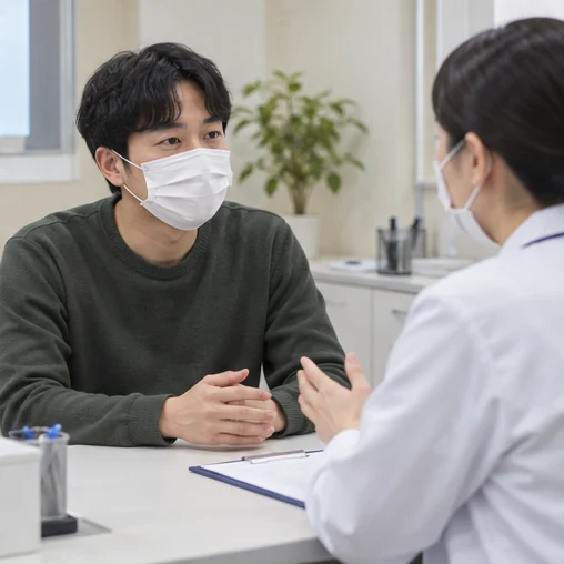 호흡기 증상을 의료진에게 상담하는 성인 (AI 설명용 삽화)