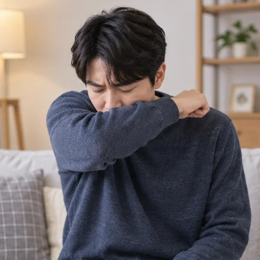 옷소매로 입과 코를 가리고 기침하는 모습 (AI 설명용 삽화)