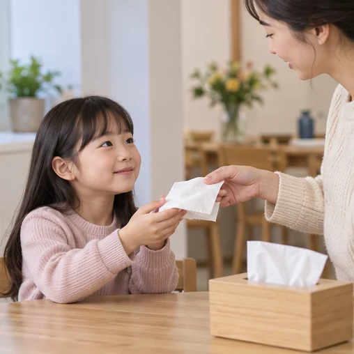 아이에게 사용할 휴지를 건네는 보호자 (AI 설명용 삽화)