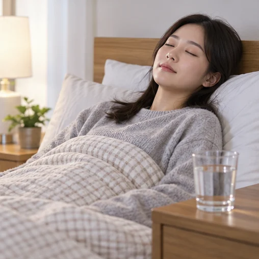 물컵을 곁에 두고 침대에서 쉬는 성인 (AI 설명용 삽화)