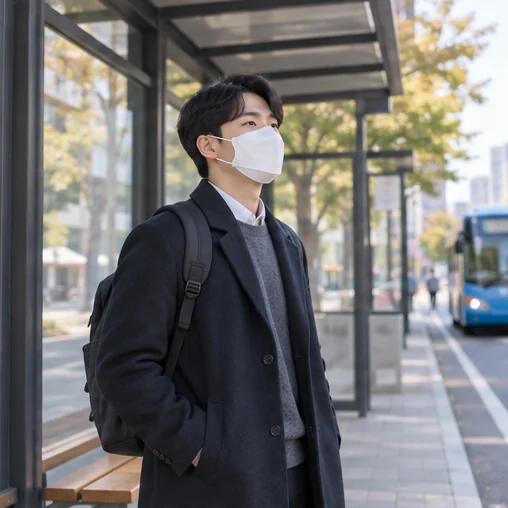 마스크를 쓰고 버스정류장에서 기다리는 모습 (AI 설명용 삽화)