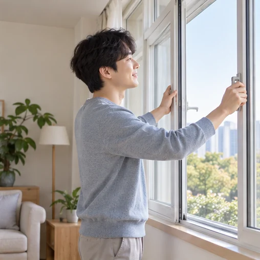 집 안 창문을 열어 환기하는 모습 (AI 설명용 삽화)