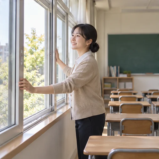 빈 교실의 창문을 여는 교사 (AI 설명용 삽화)