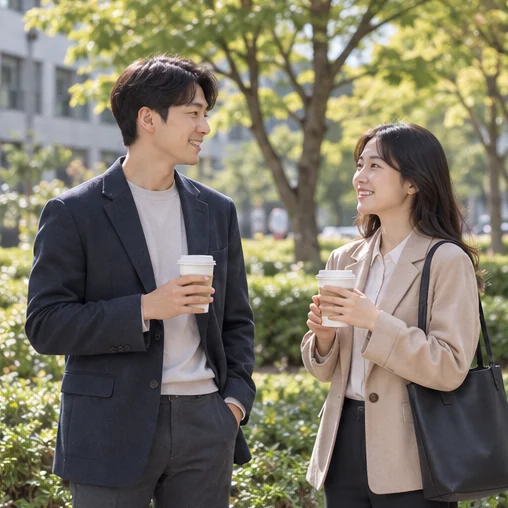 실외에서 대화하며 시간을 보내는 동료들 (AI 설명용 삽화)