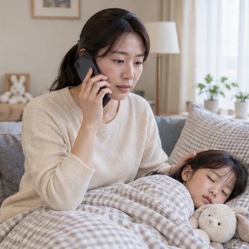 쉬는 아이 곁에서 의료기관에 전화하는 보호자 (AI 설명용 삽화)