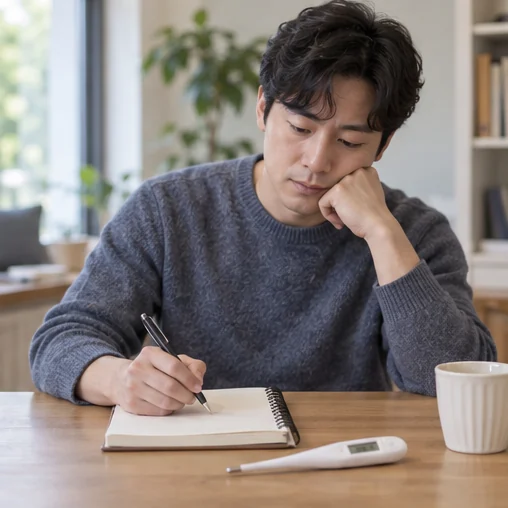 체온계 옆에서 증상 경과를 메모하는 성인 (AI 설명용 삽화)
