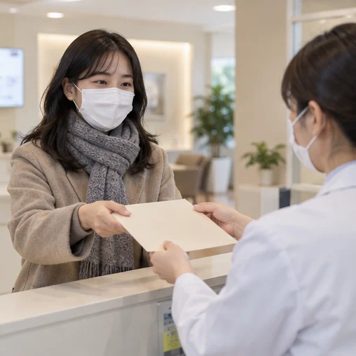 진료에 필요한 정보 봉투를 의료진에게 전달하는 모습 (AI 설명용 삽화)