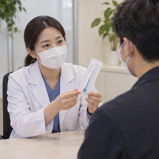 밀봉된 검사 도구를 설명하는 의료진 (AI 설명용 삽화)