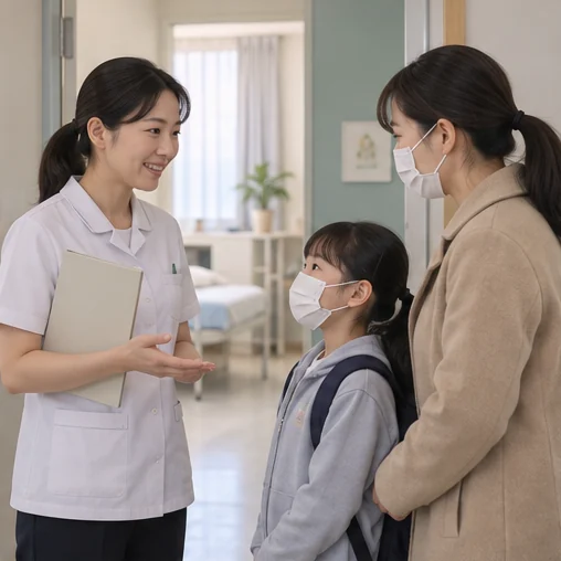 학교 보건 담당자와 학생·보호자가 이야기하는 모습 (AI 설명용 삽화)