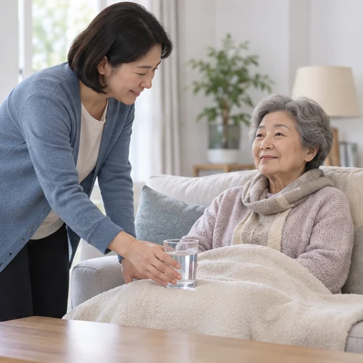 쉬는 어르신 곁에 물컵을 놓는 보호자 (AI 설명용 삽화)