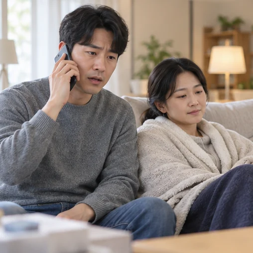 도움이 필요한 가족 곁에서 의료 상담을 전화로 요청하는 모습 (AI 설명용 삽화)