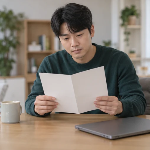 공식 안내 자료의 내용을 확인하는 성인 (AI 설명용 삽화)