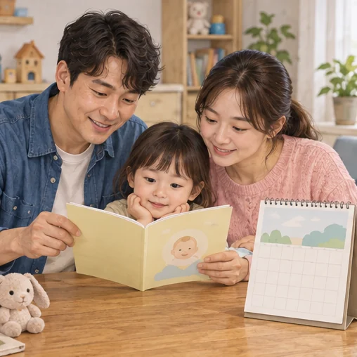 아이의 출생 자료와 달력을 살펴보는 가족 (AI 설명용 삽화)