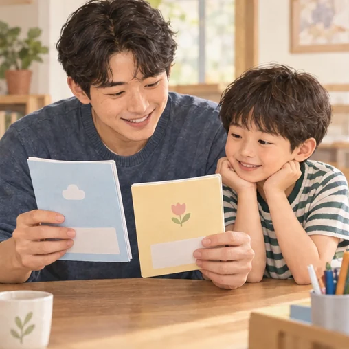 아이의 서로 다른 기록을 비교하는 모습 (AI 설명용 삽화)