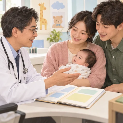 아이의 월령을 의료진에게 확인하는 모습 (AI 설명용 삽화)