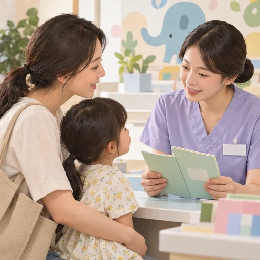 접종 이력을 상담하는 보호자와 아이 (AI 설명용 삽화)
