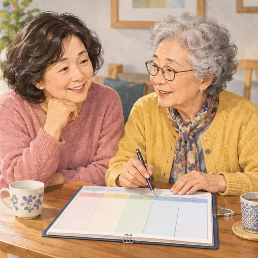 서로 다른 연령 구간의 일정을 의논하는 모습 (AI 설명용 삽화)
