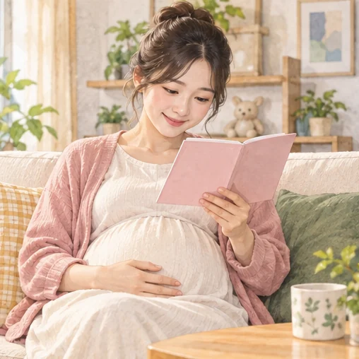 집에서 산모수첩을 살펴보는 모습 (AI 설명용 삽화)