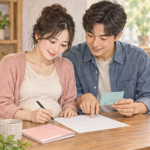 임신 확인 자료와 방문 준비물을 챙기는 부부 (AI 설명용 삽화)