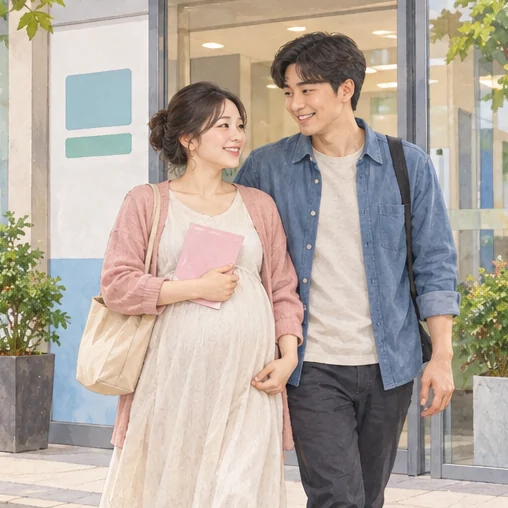 확인 자료를 가지고 의료기관에서 나오는 부부 (AI 설명용 삽화)
