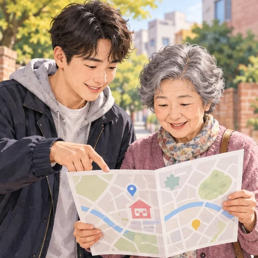 가까운 접종 기관의 위치를 살피는 가족 (AI 설명용 삽화)