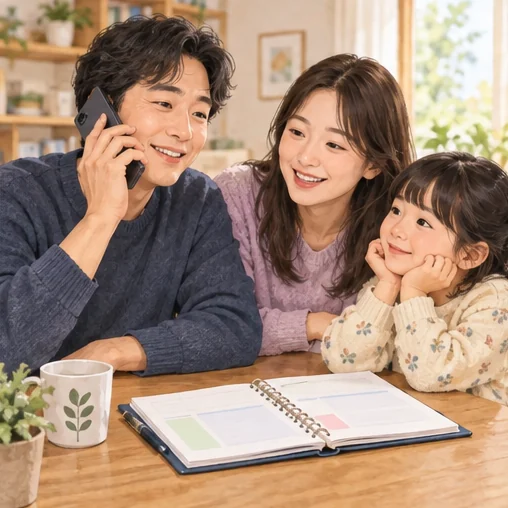 가족의 대상 여부와 방문일을 전화로 확인하는 모습 (AI 설명용 삽화)