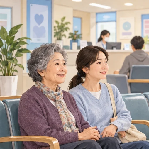 접수 순서를 기다리는 어르신과 가족 (AI 설명용 삽화)
