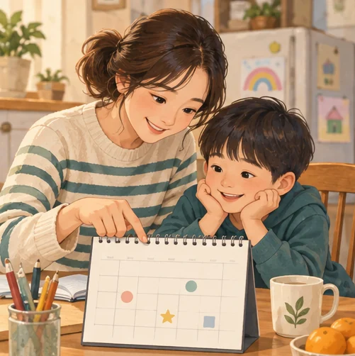 보호자와 어린이가 지원 기간을 달력에서 확인하는 장면 (AI 설명용 삽화)